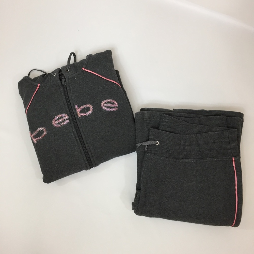 Bebe sweatsuit with pink piping, M jacket (runs small) & small wide leg pant.